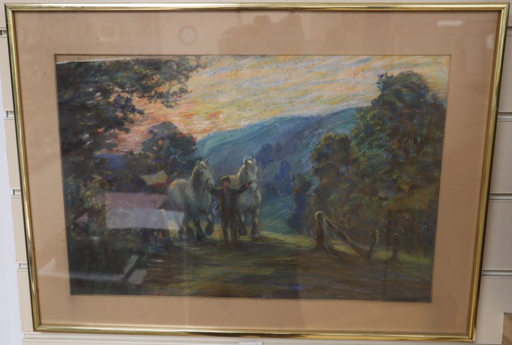 Early 20th century English School, pastel, Farmer and two horses at sunset, 30 x 45cm